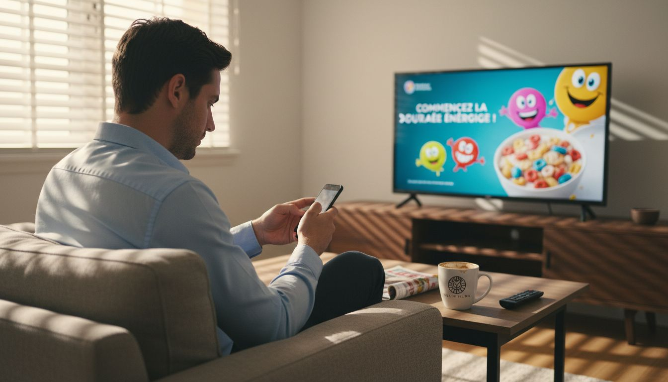 Installé confortablement dans son salon, un homme regarde une publicité à la télévision.