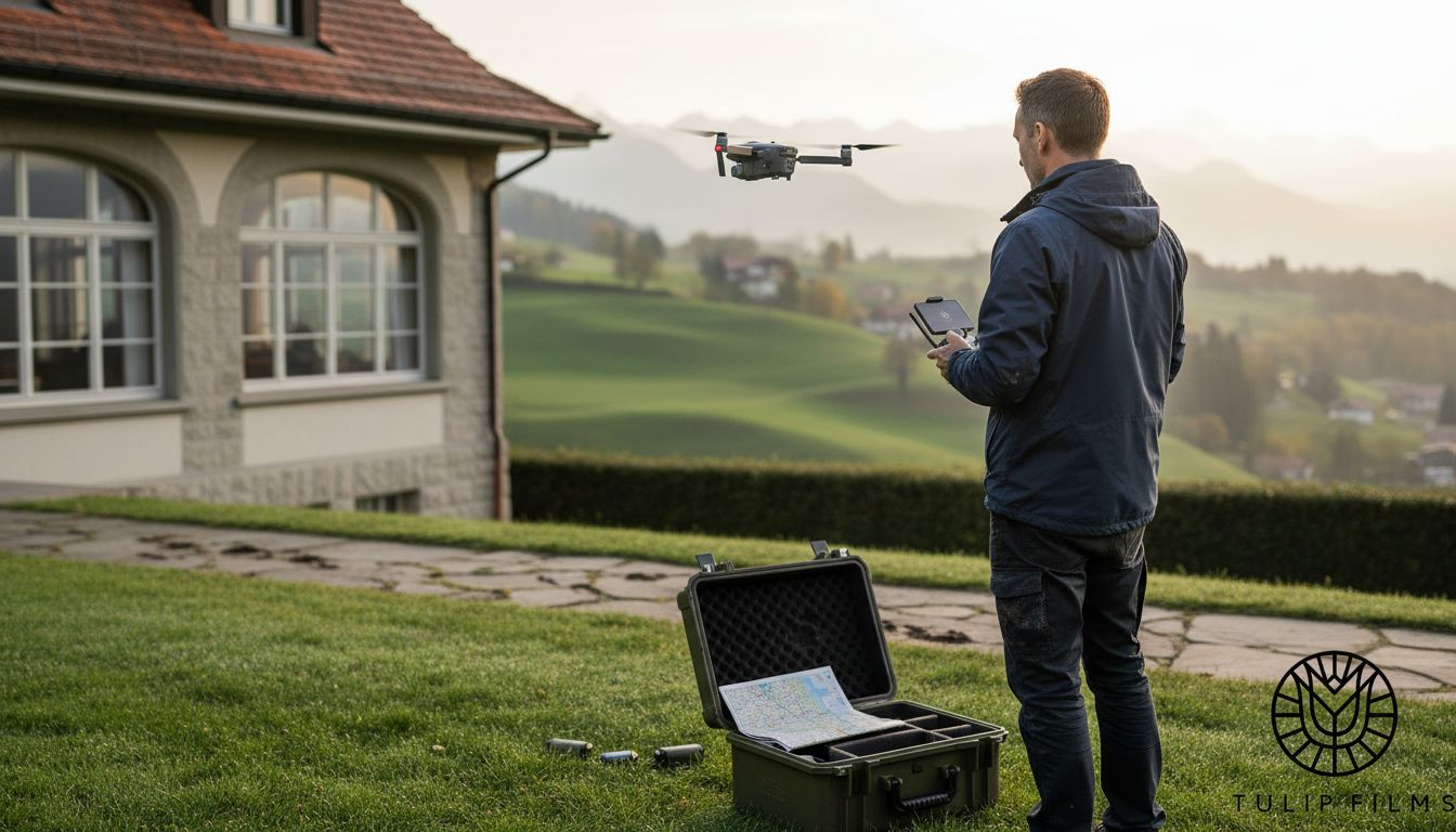 Drone operator filming Swiss villa exterior