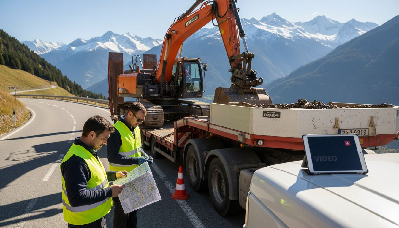 Excavator loaded for transport in Swiss Alps