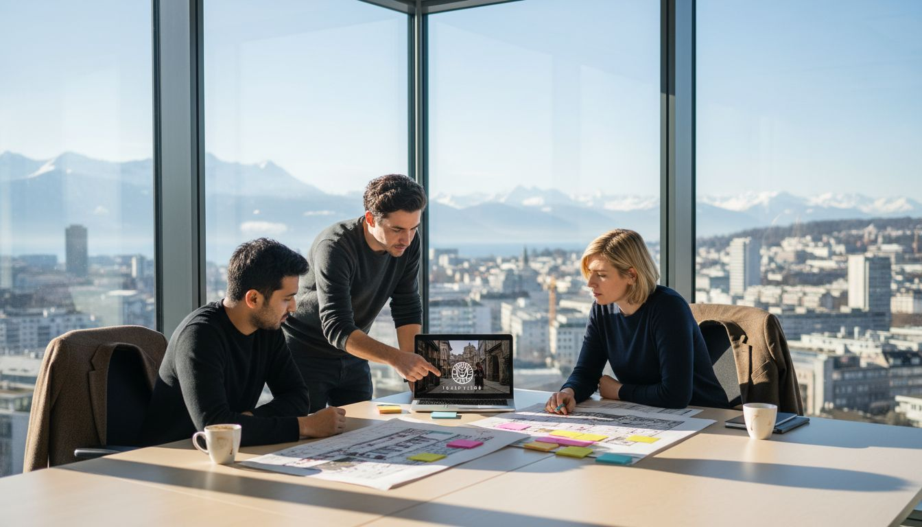 L’équipe se réunit dans les bureaux de Zurich pour organiser le tournage du film d’entreprise.