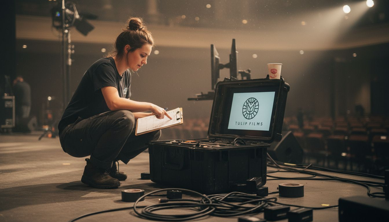 Assistant organizing video equipment before event