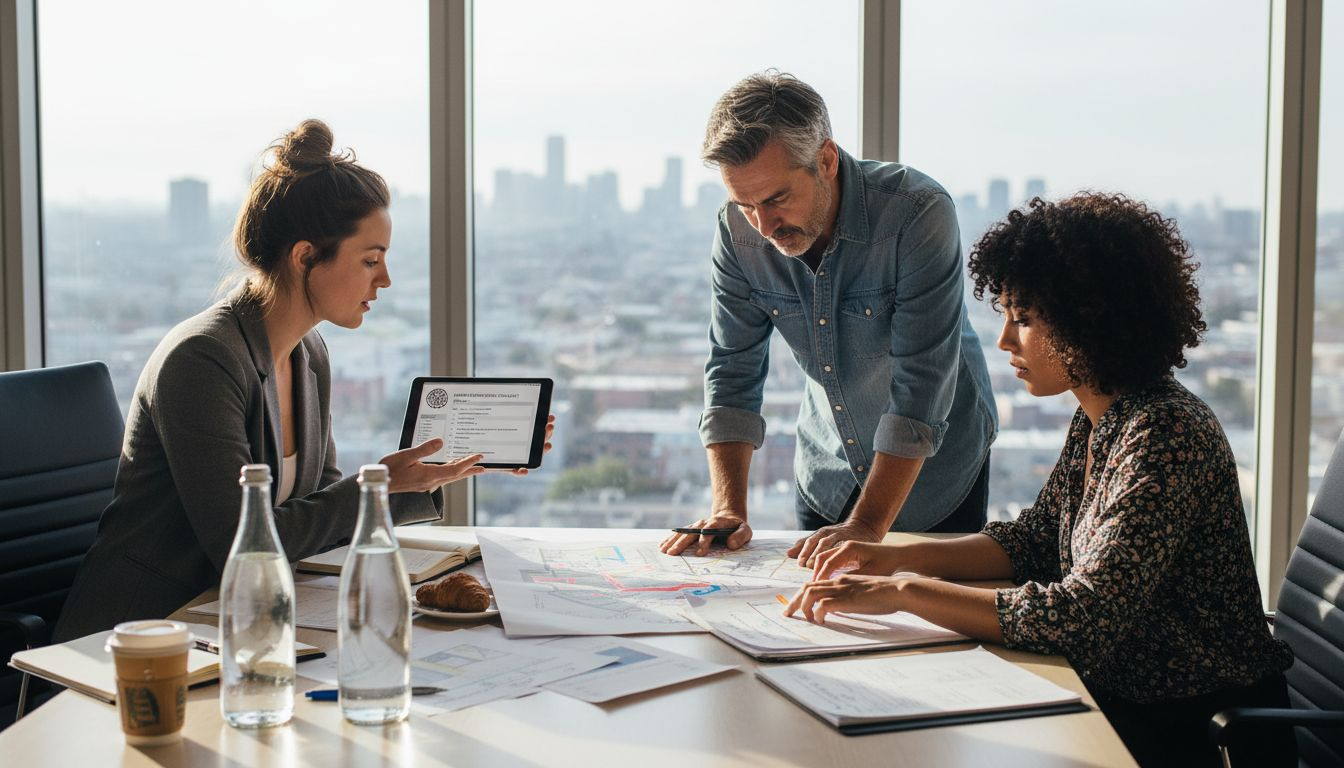 Event planning team reviewing checklist at office table