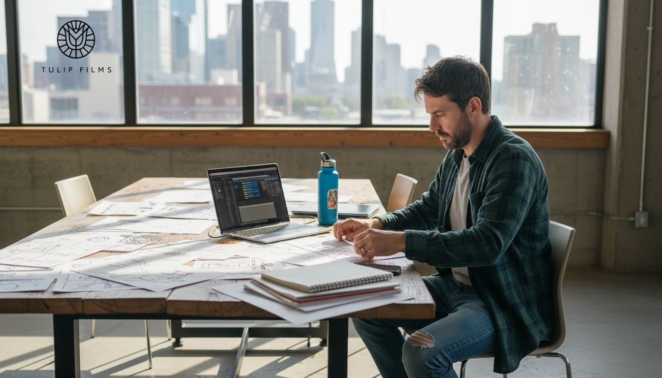 Producer arranging event video storyboard sketches