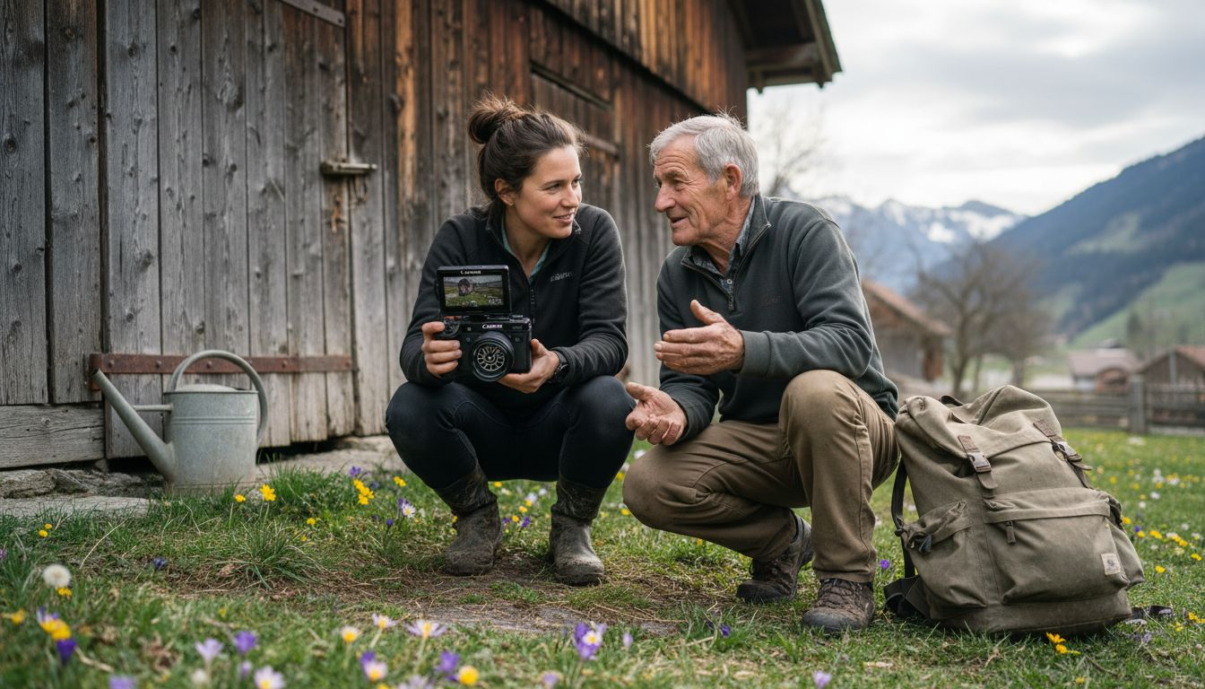 Un membre d'une ONG en train de filmer un agriculteur dans un village suisse.