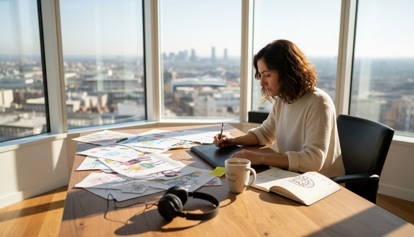 Dans son atelier baigné de lumière, une illustratrice donne vie à ses créations en réalisant des vidéos animées.
