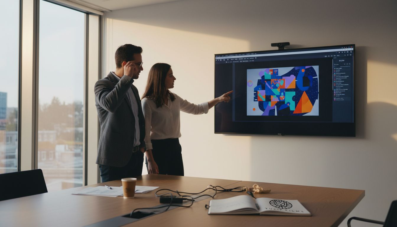 Des collègues analysent une présentation marketing lors d'une réunion.