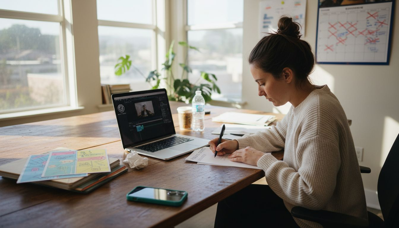 Marketer scripting video at corner office desk