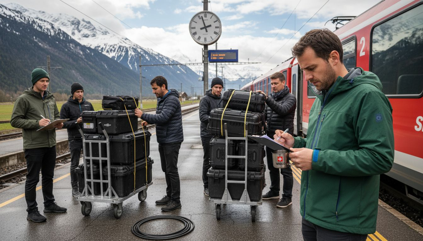 Film crew unloading at Swiss train station