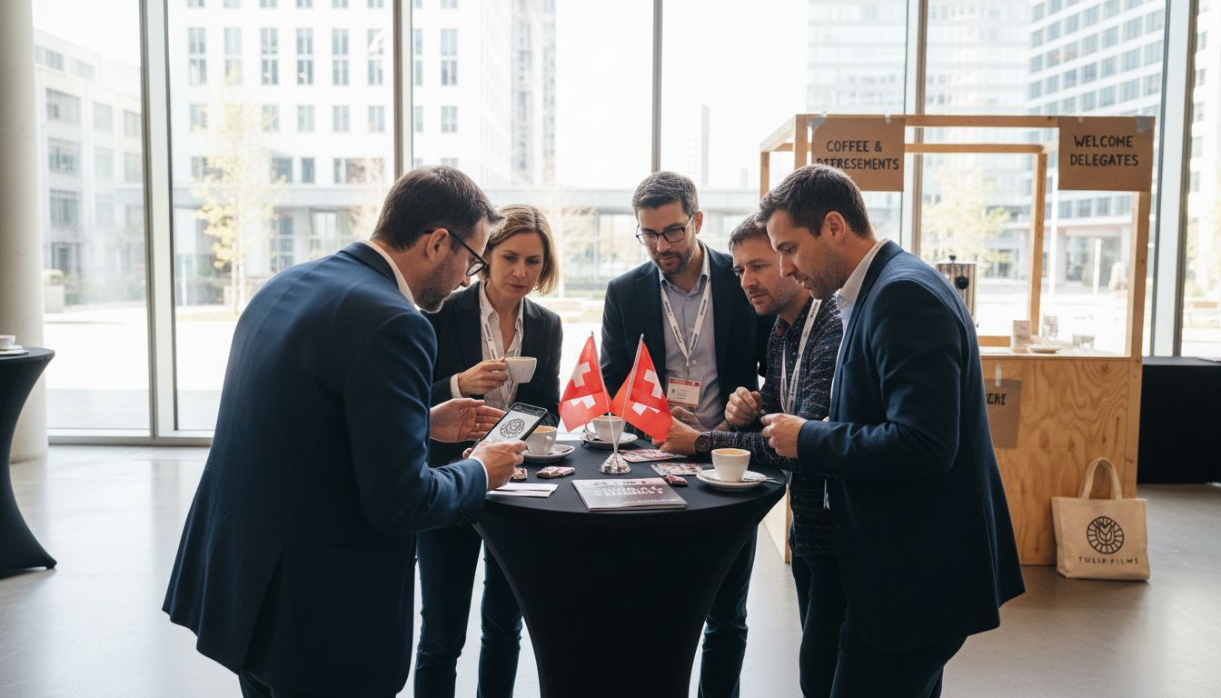 Professionals viewing event highlight video together