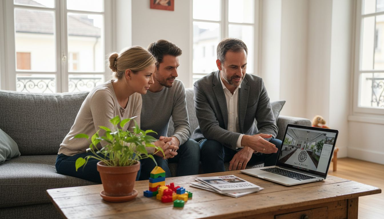 Un conseiller immobilier fait découvrir un bien grâce à une visite virtuelle.
