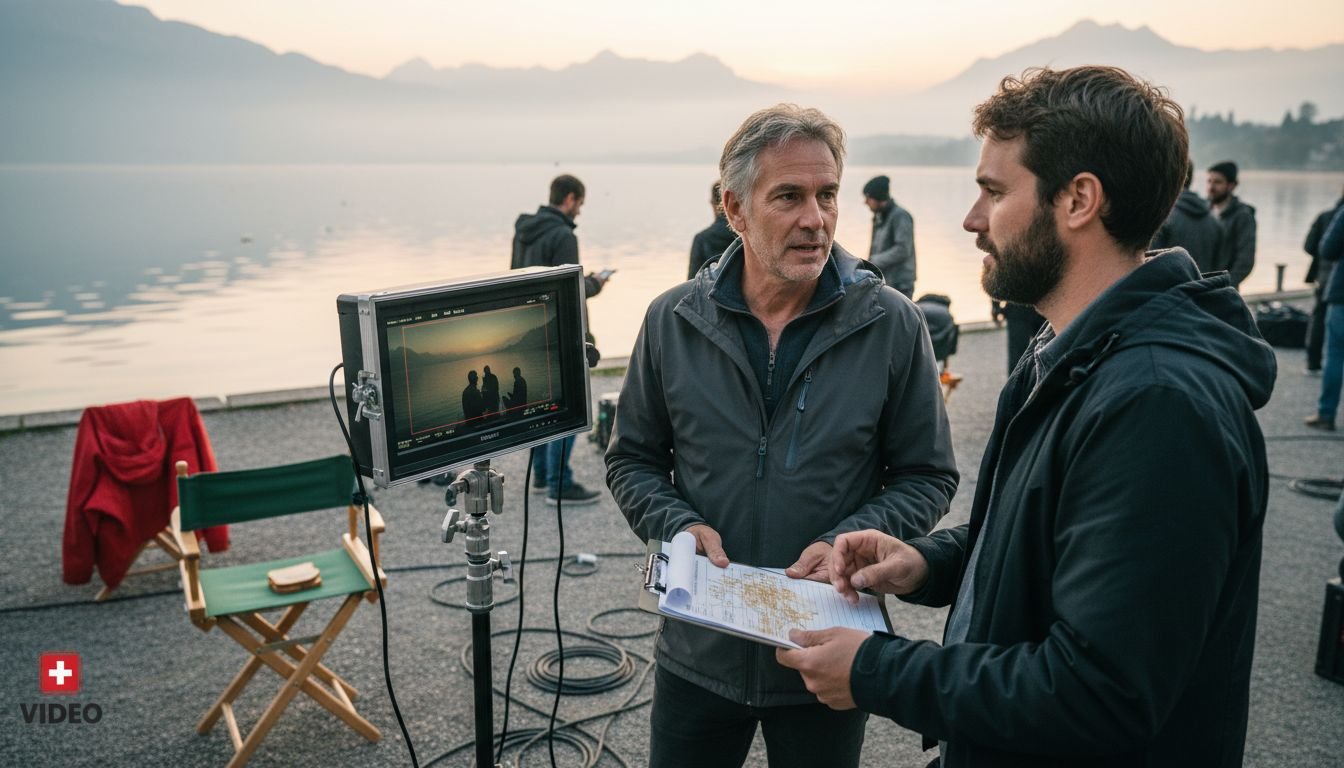 Swiss producer reviewing film shoot schedules outdoors