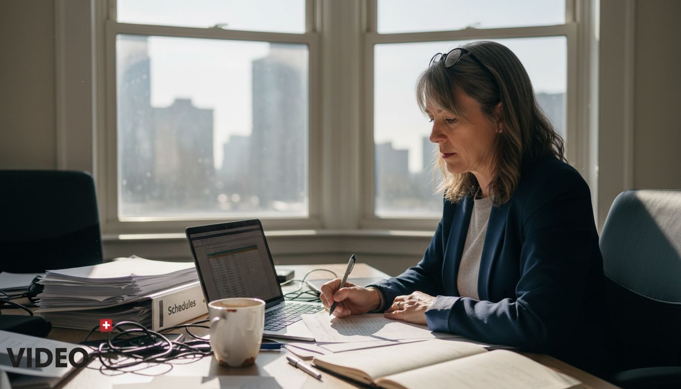 Line producer working at cluttered office table