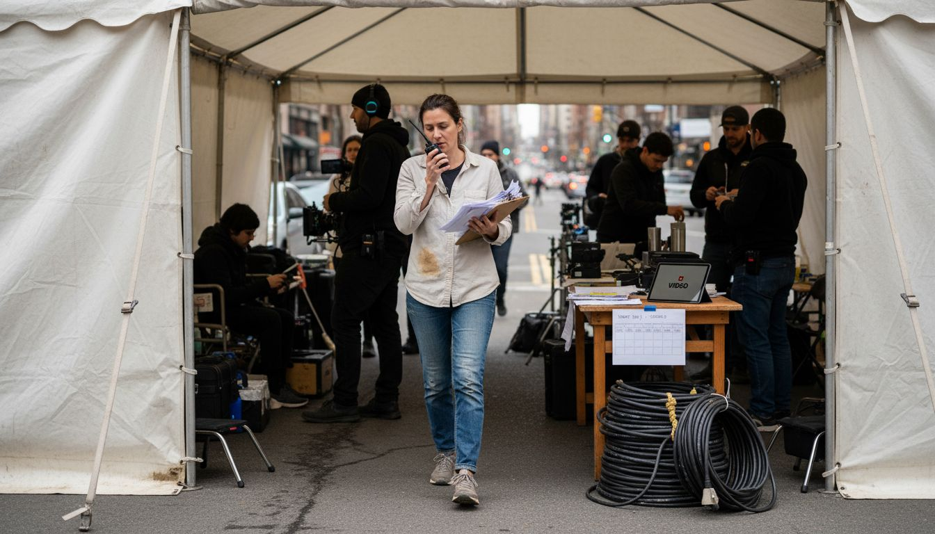 Line producer coordinating crew on city set