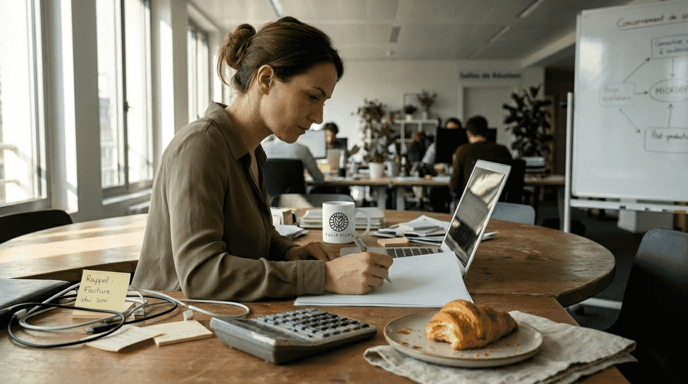 Une femme passe en revue les documents liés au budget d'un projet vidéo.