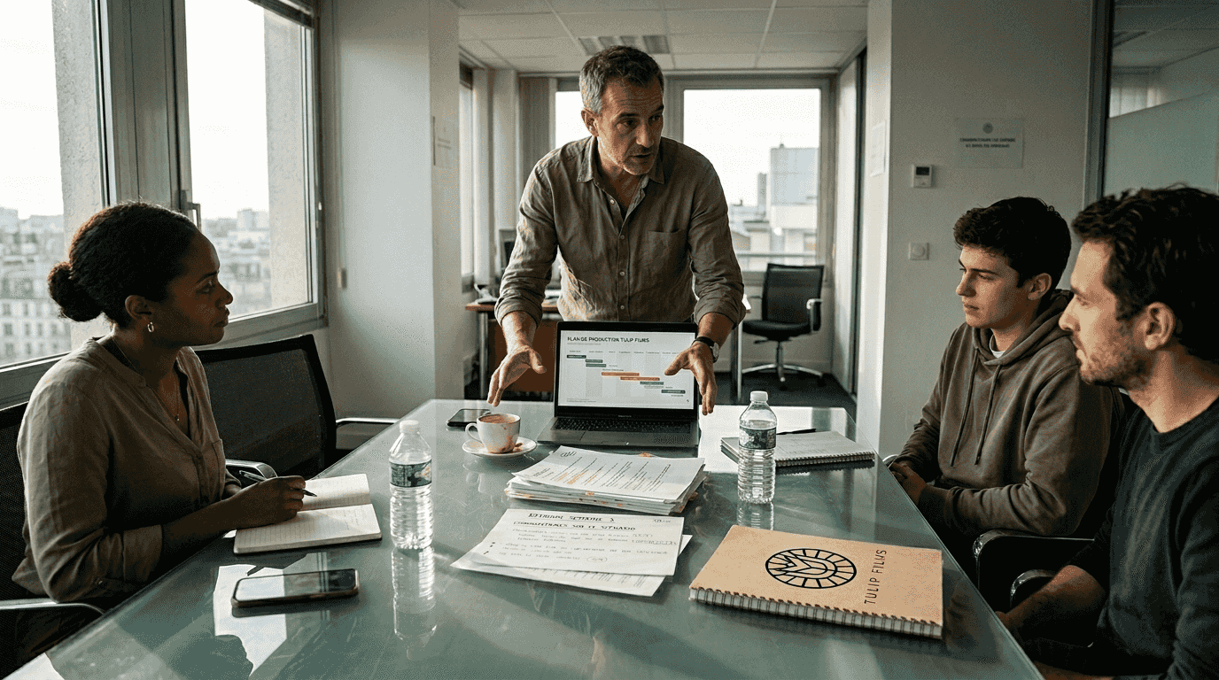 Le chef de projet réunit l’équipe vidéo au bureau pour leur présenter les grandes lignes du projet.