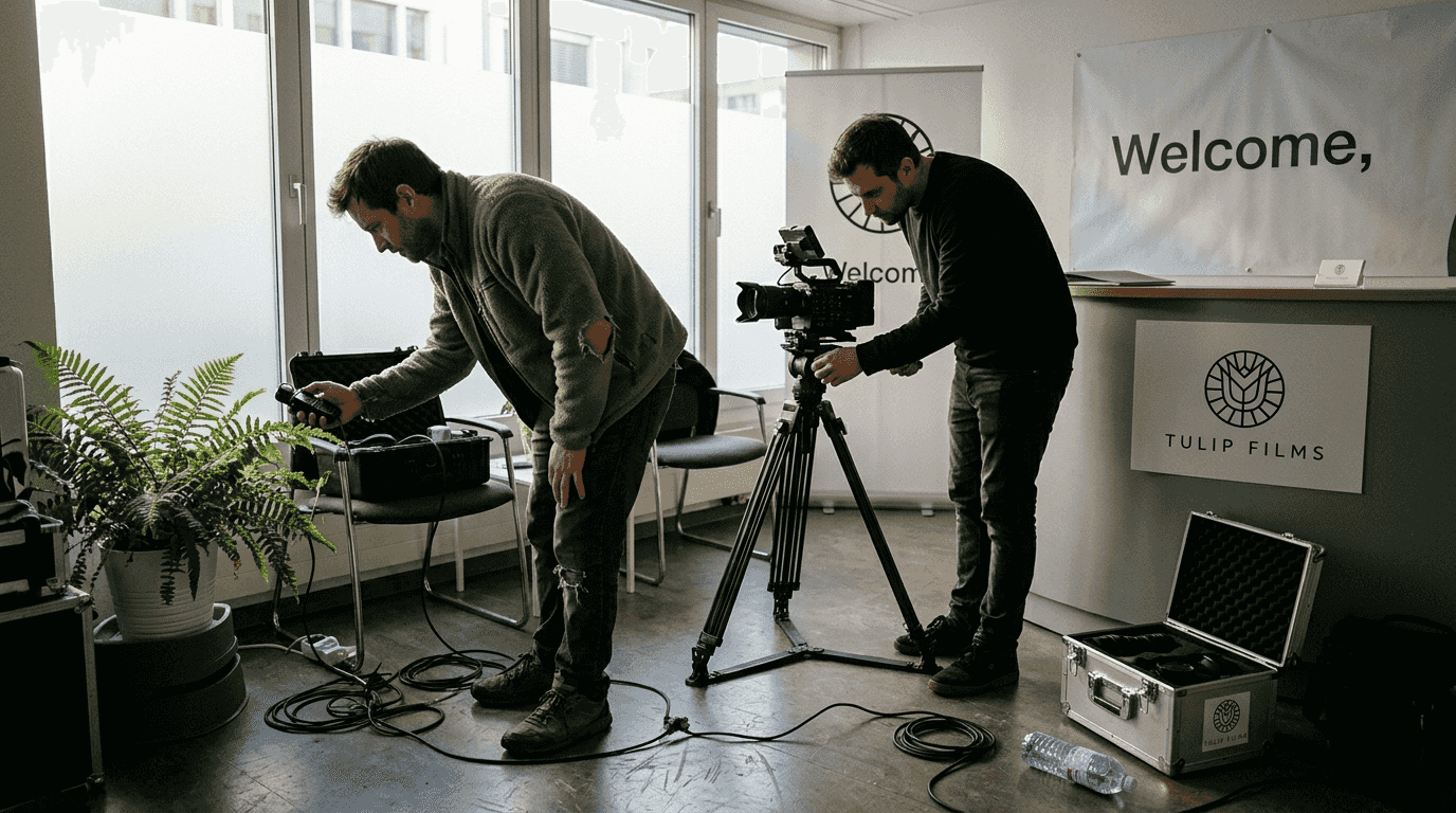 Film crew preparing for corporate video shoot