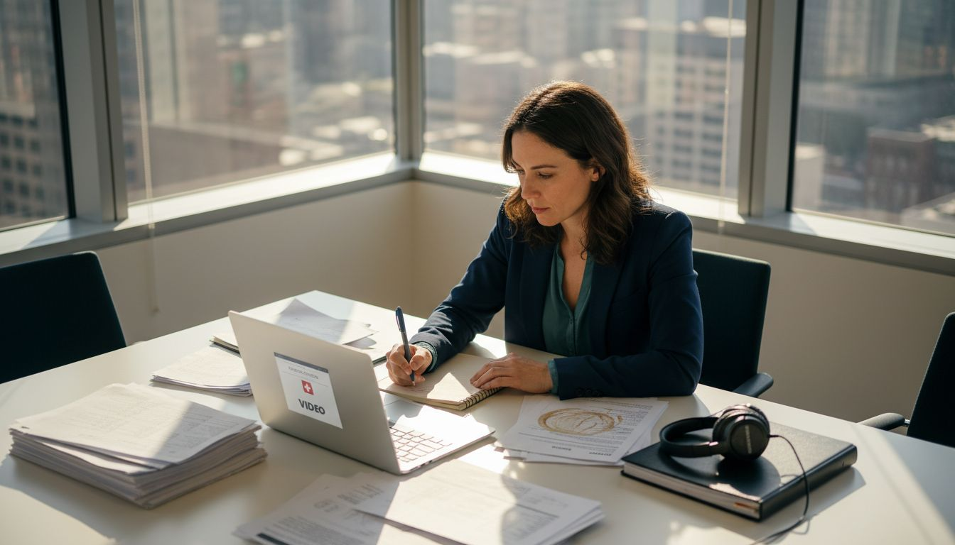 Producer reviewing film shoot schedule in office