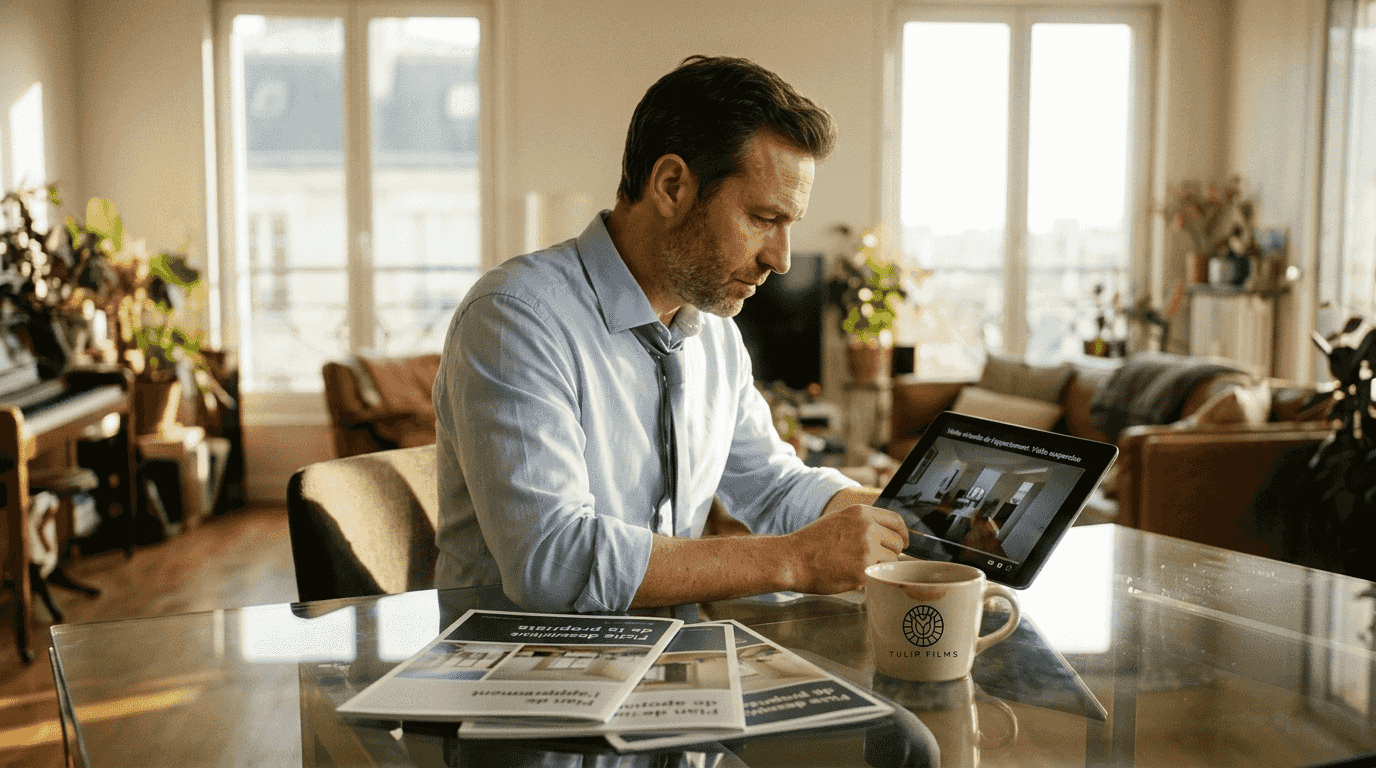 Un agent immobilier présente une visite virtuelle d’un bien directement depuis chez lui.