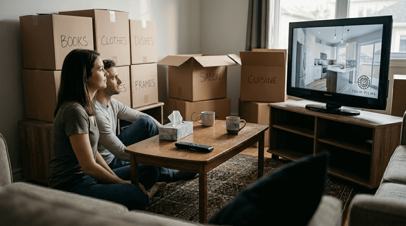 Un couple confortablement installé dans leur salon découvre une visite virtuelle d’un bien immobilier sur leur écran.