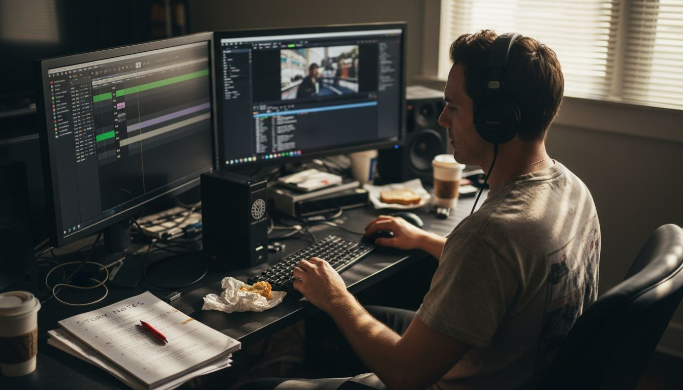 Film editor working at messy editing station