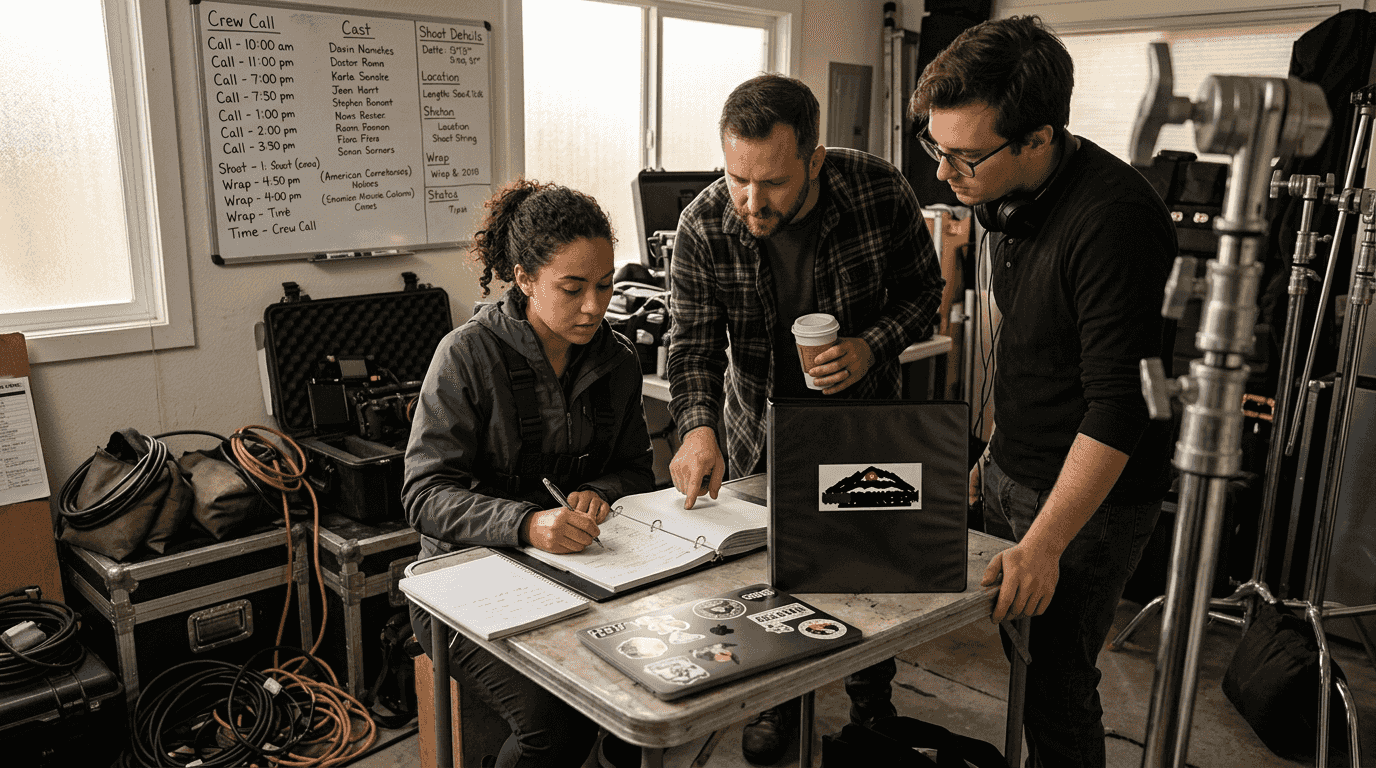 Film crew collaborating under tight deadline