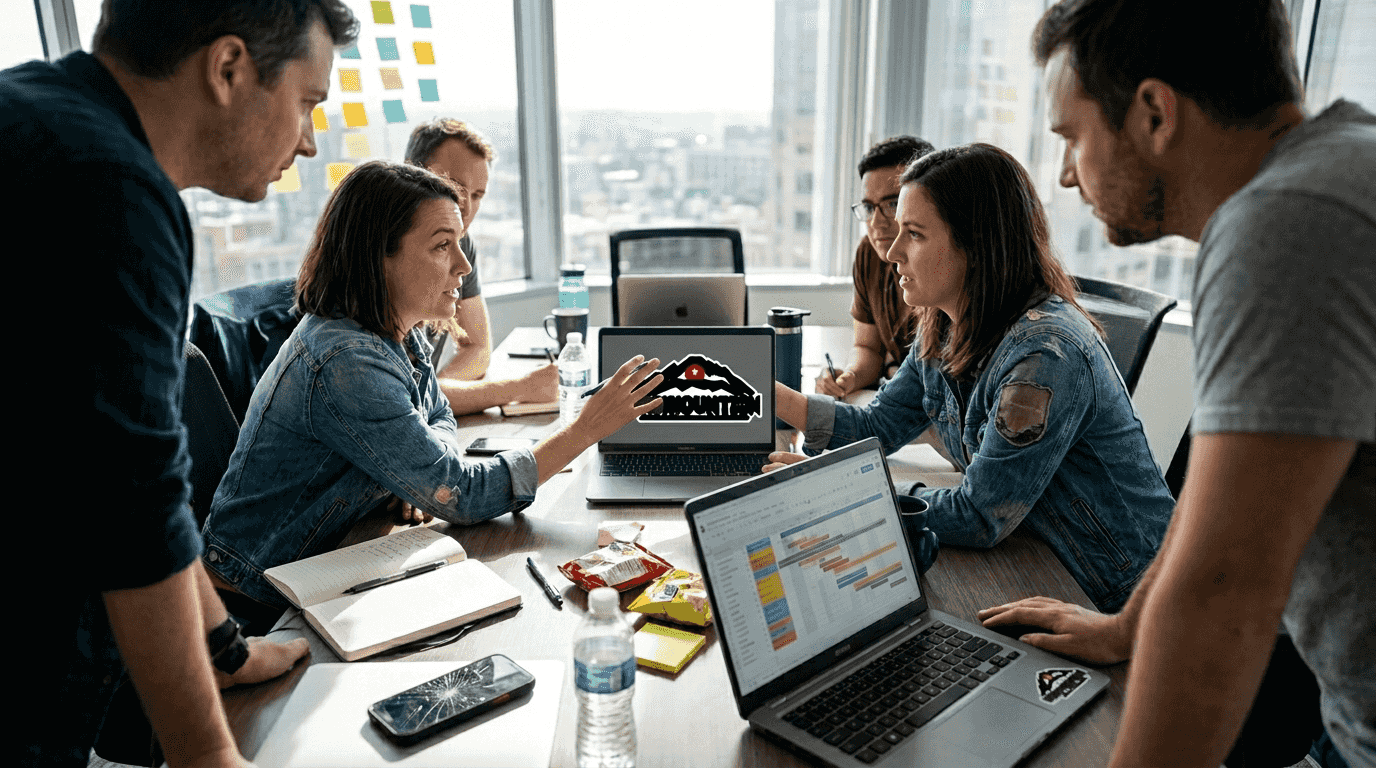 Production team discussing schedule in office