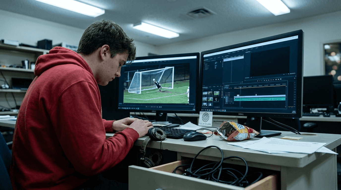 Sports video editor working on highlights