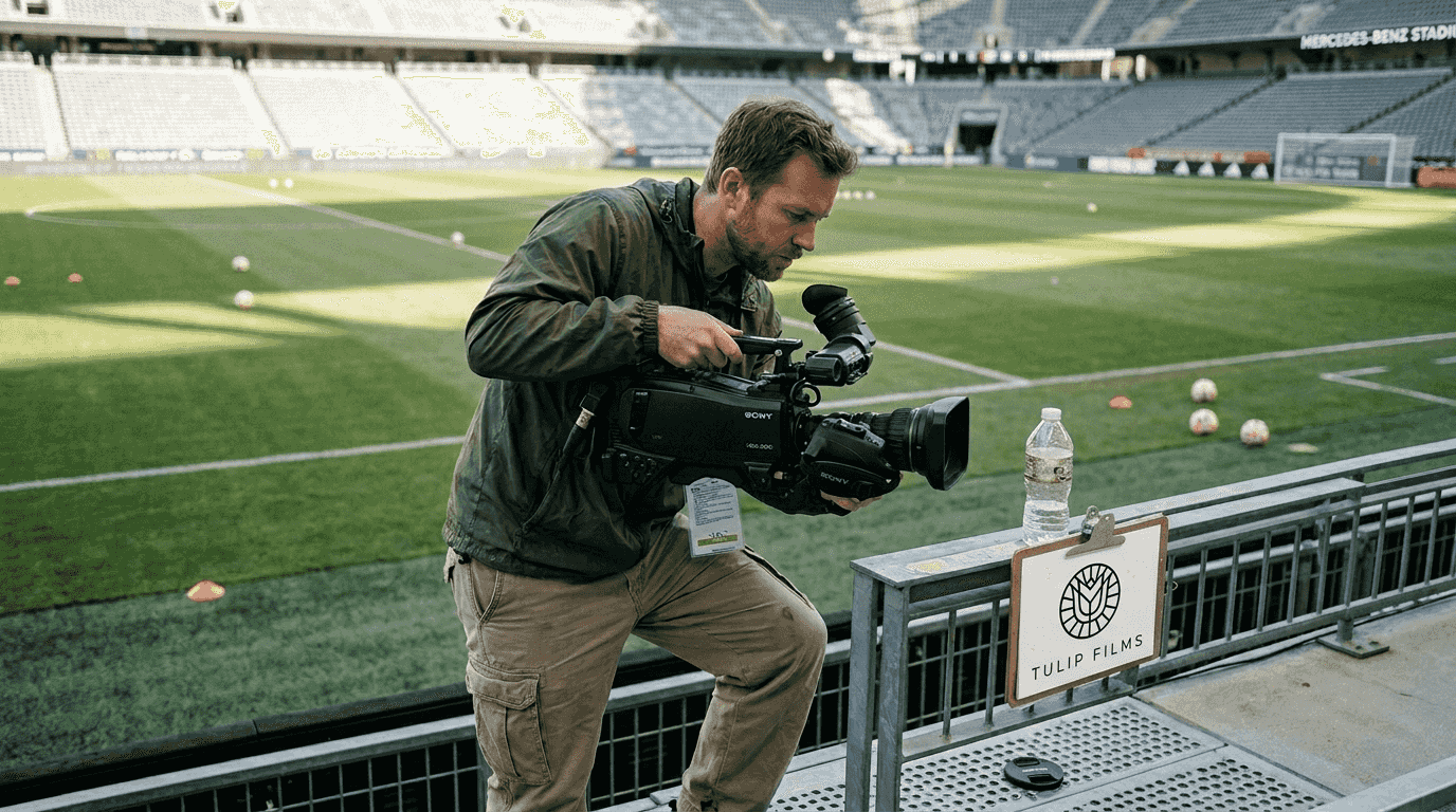 Camera operator setting up on sports field