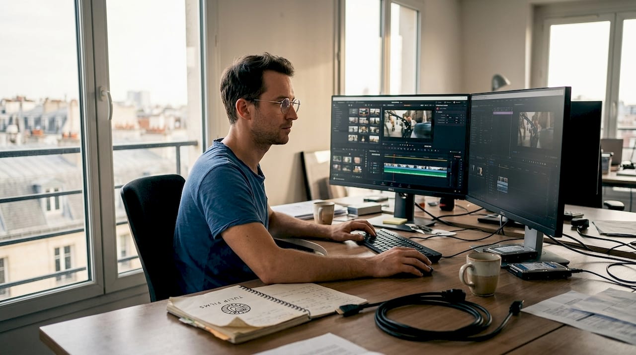 Dans son bureau, le monteur vidéo trie et classe les rushs pour préparer le montage.