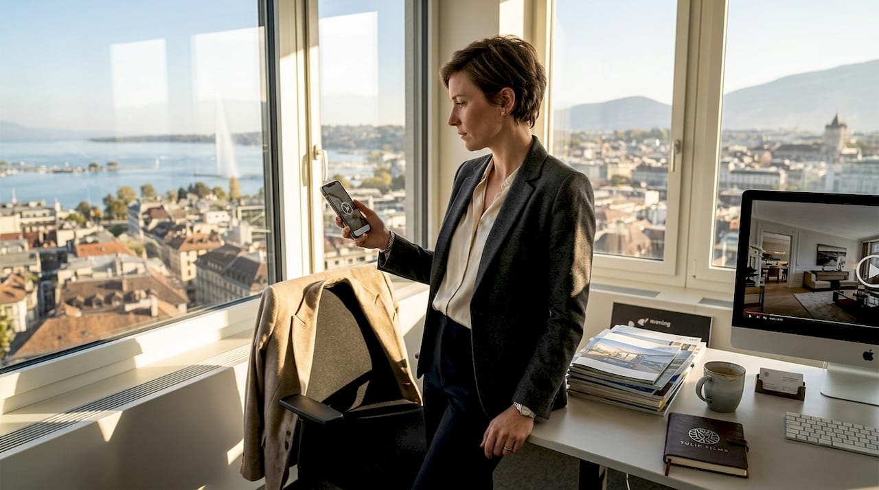 Swiss agent reviews real estate video in office