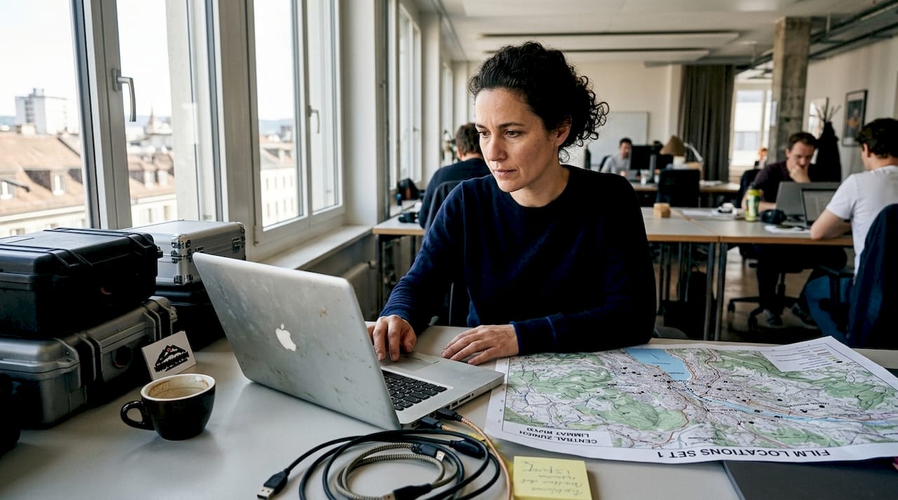 Producer planning shoot at Zurich workspace