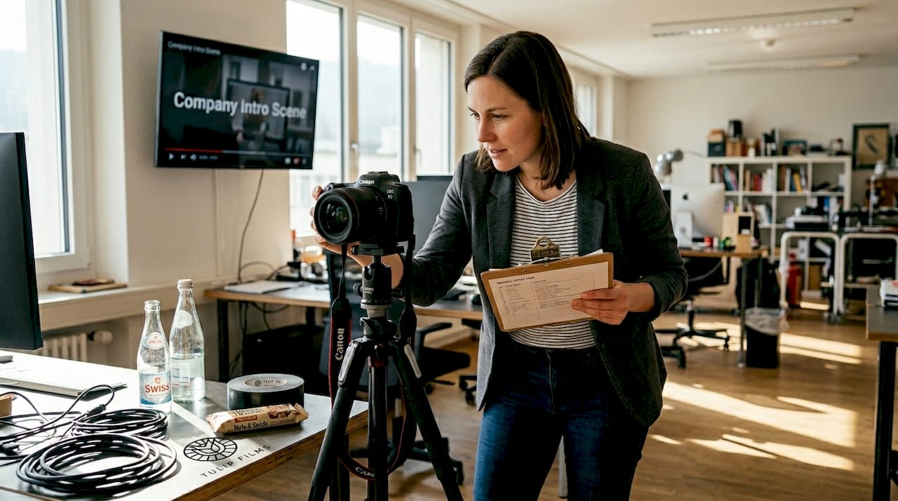 Director adjusts camera during corporate office shoot