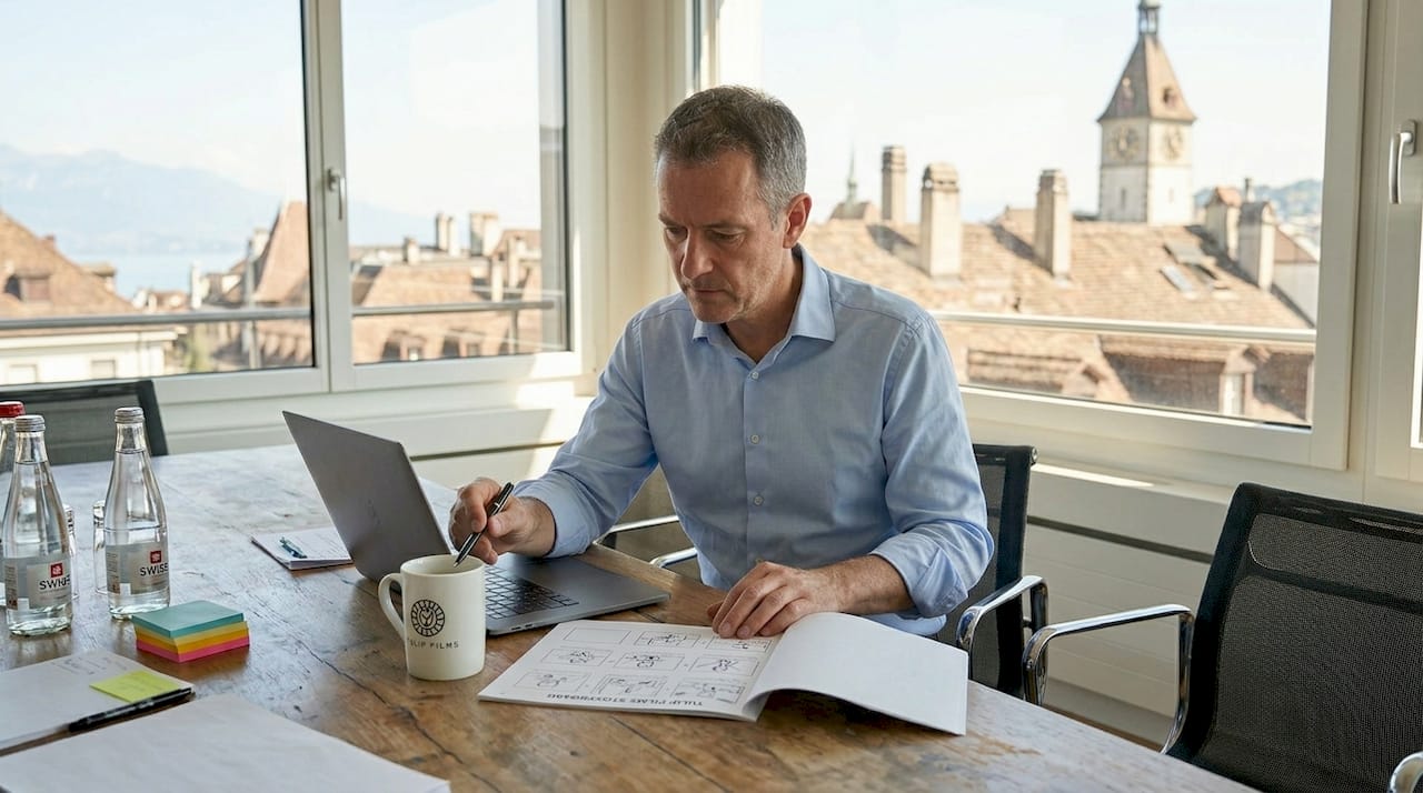 Swiss professional reviewing storyboard at office table