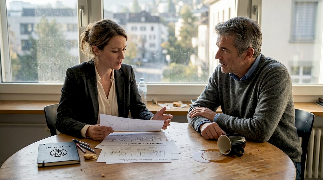 Des collaborateurs échangent leurs idées en feuilletant des storyboards vidéo.