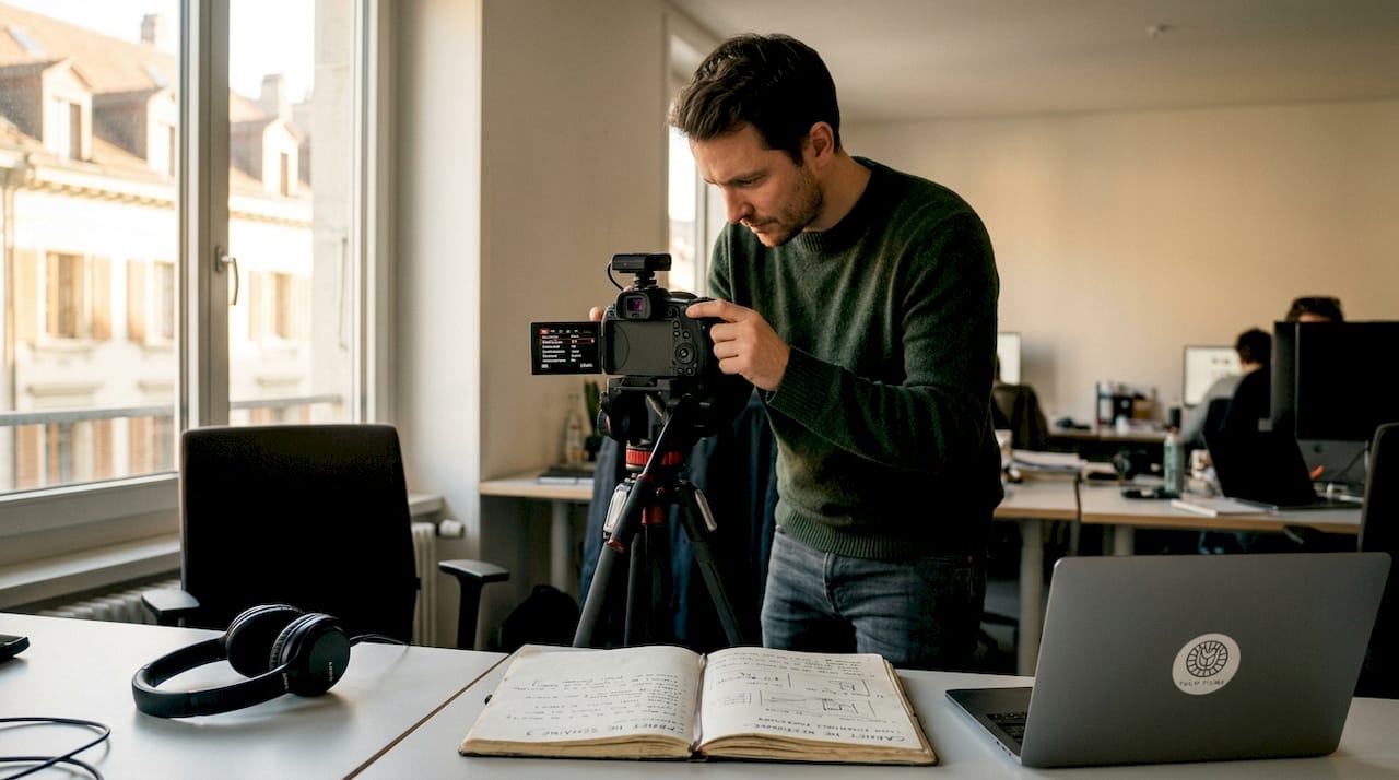 Un vidéaste suisse installe son matériel dans un espace de coworking.