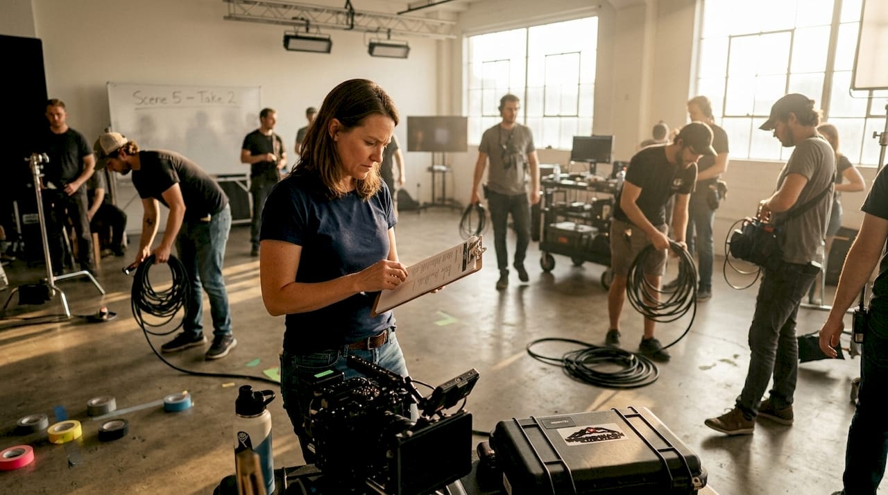 Director supervising video shoot in studio