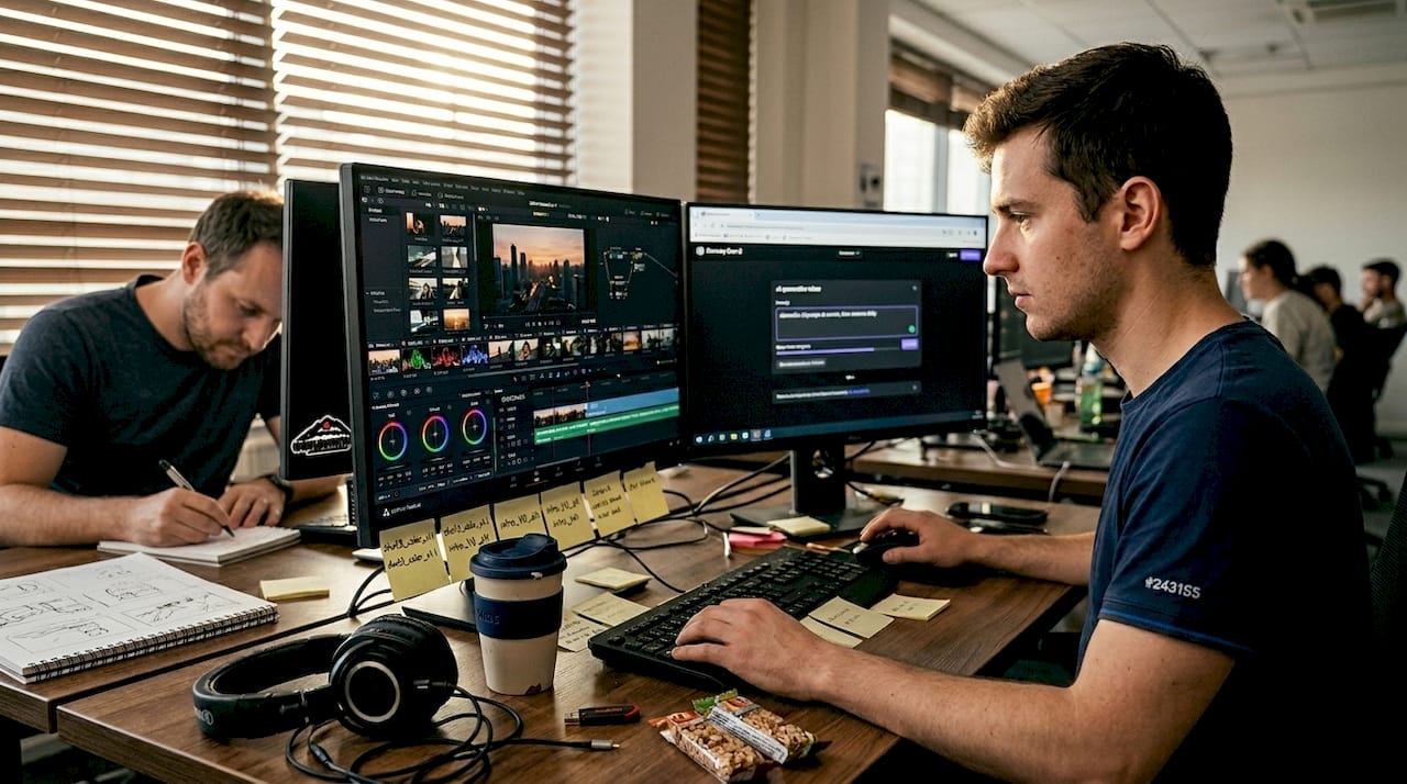 Video editor using AI tools at desk