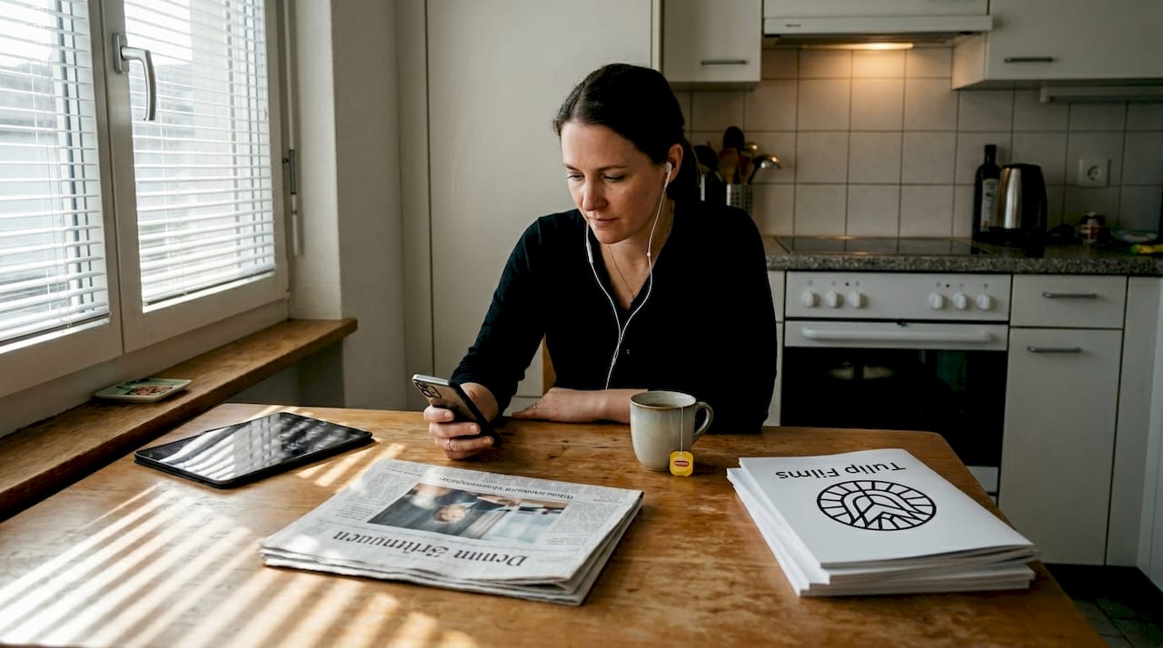 Swiss real estate agent watching property video