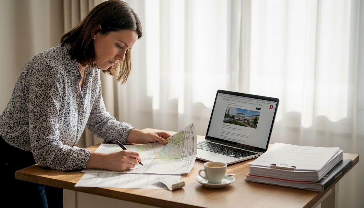 Coordinator preparing Swiss film shoot documents