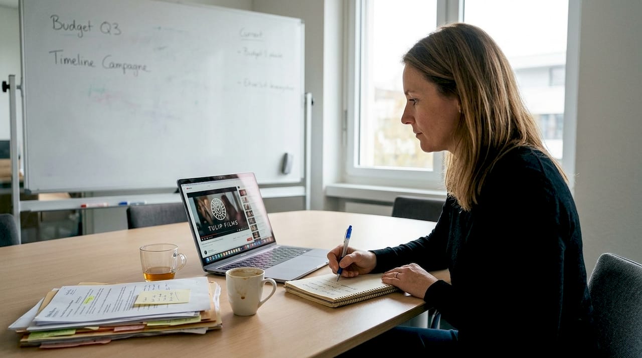 Un dirigeant de PME prend le temps de regarder et d’analyser des vidéos de storytelling pour s’inspirer et améliorer sa communication.