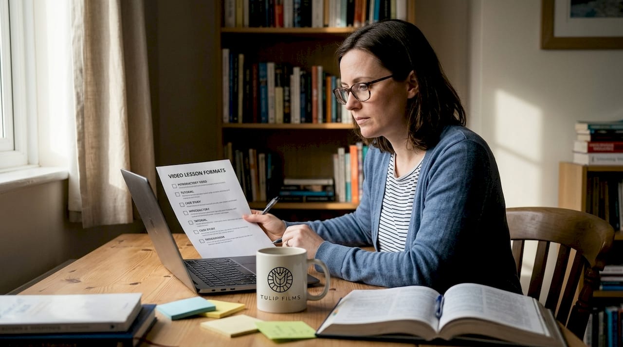 Educator reviewing checklist at home desk