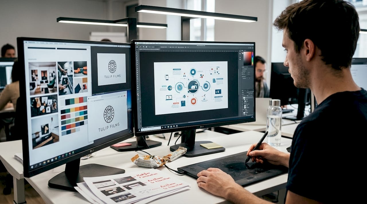 Un motion designer en pleine création, concentré derrière son bureau, donnant vie à ses animations.