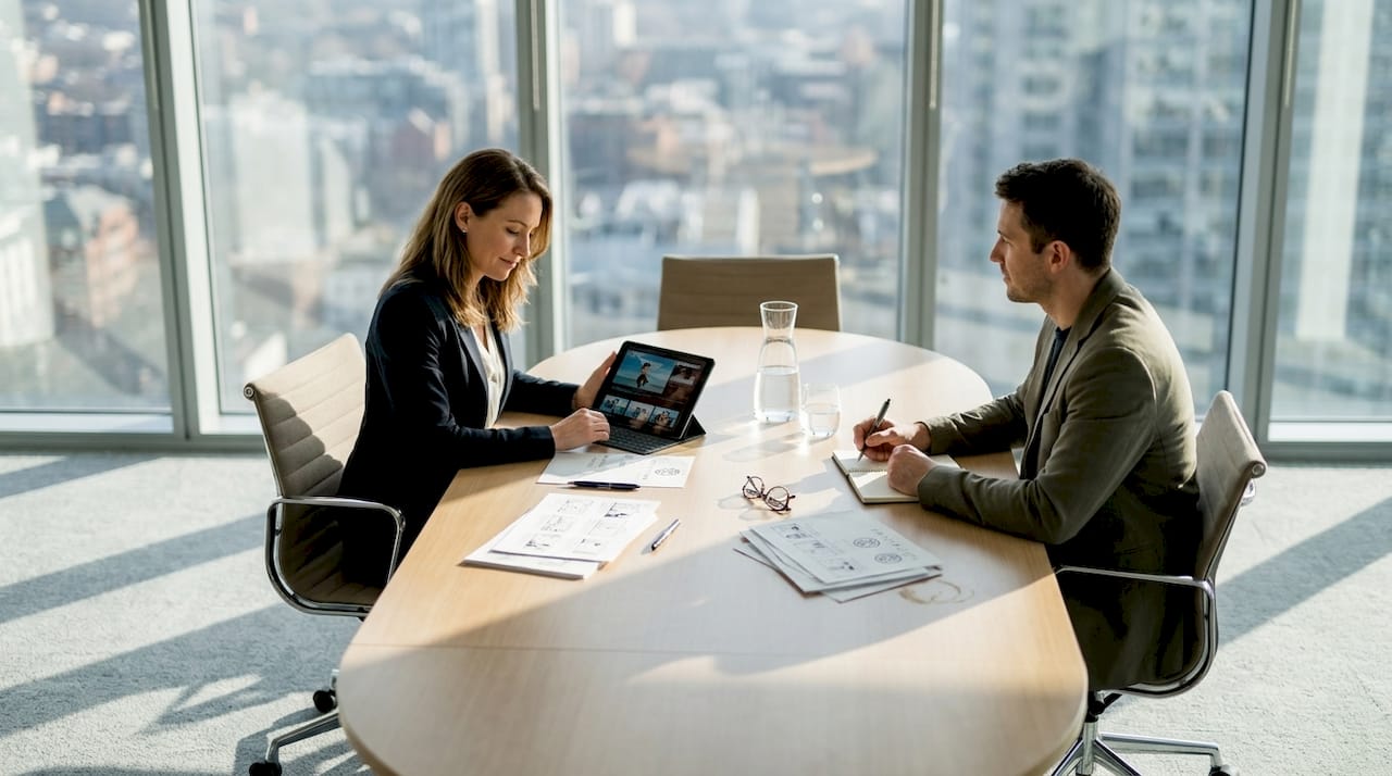 L’équipe examine différentes propositions de vidéos d’animation lors d’une réunion.