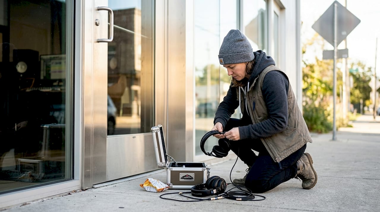 Sound engineer checking equipment outside studio