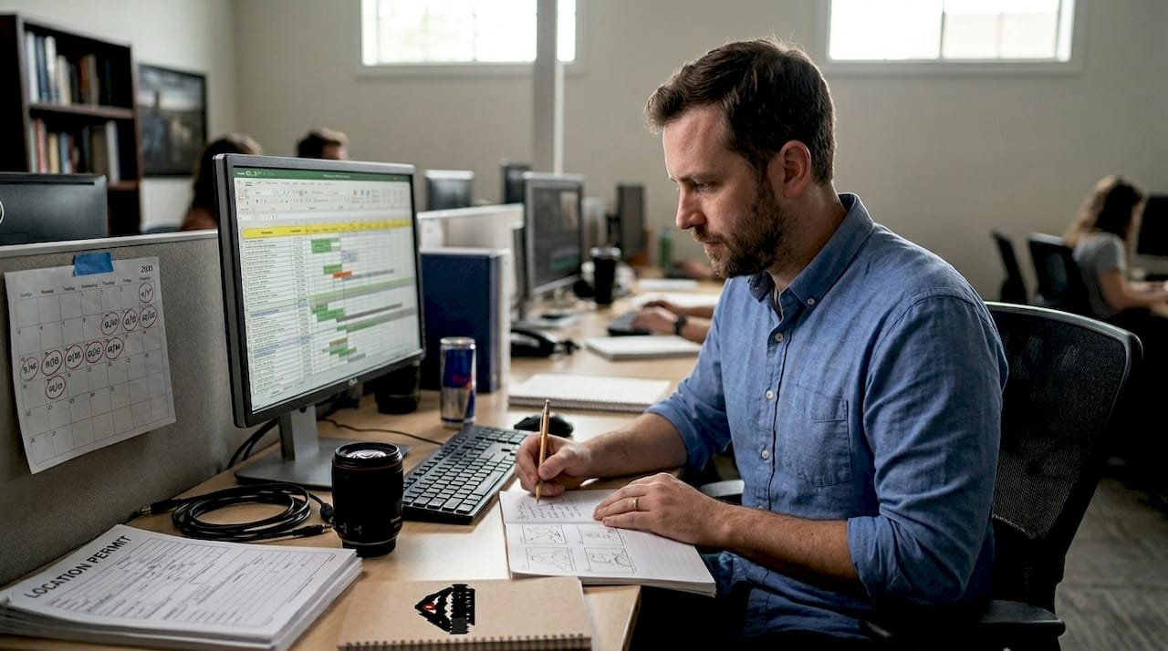 Producer reviewing video production schedule at desk