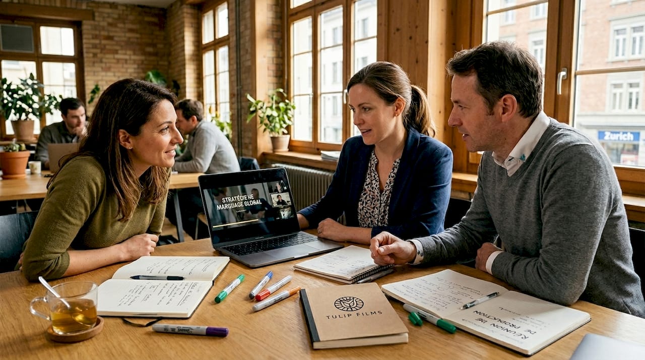 Lors d'une réunion au bureau, l'équipe visionne une vidéo en plusieurs langues.