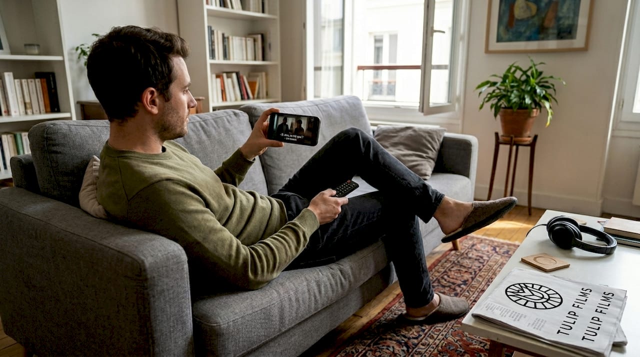 Un homme regarde une vidéo avec des sous-titres confortablement installé chez lui.