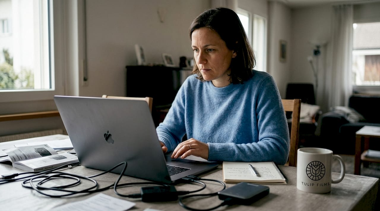 Business owner editing video at home workspace