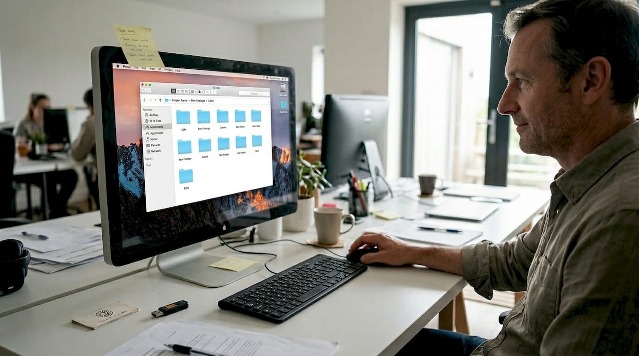 Man organizing digital video project folders