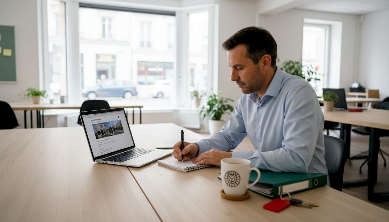 Un agent immobilier prépare un dossier détaillé, installé à son bureau.